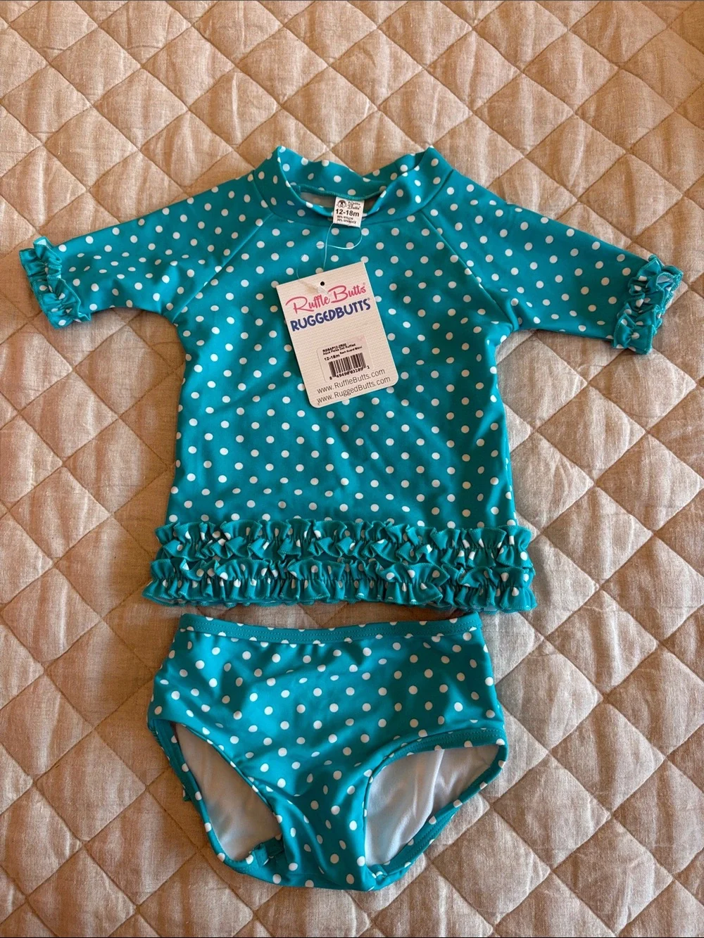 Ruffle Butts Teal and White Polka Dot Girls Rashguard Swim Set